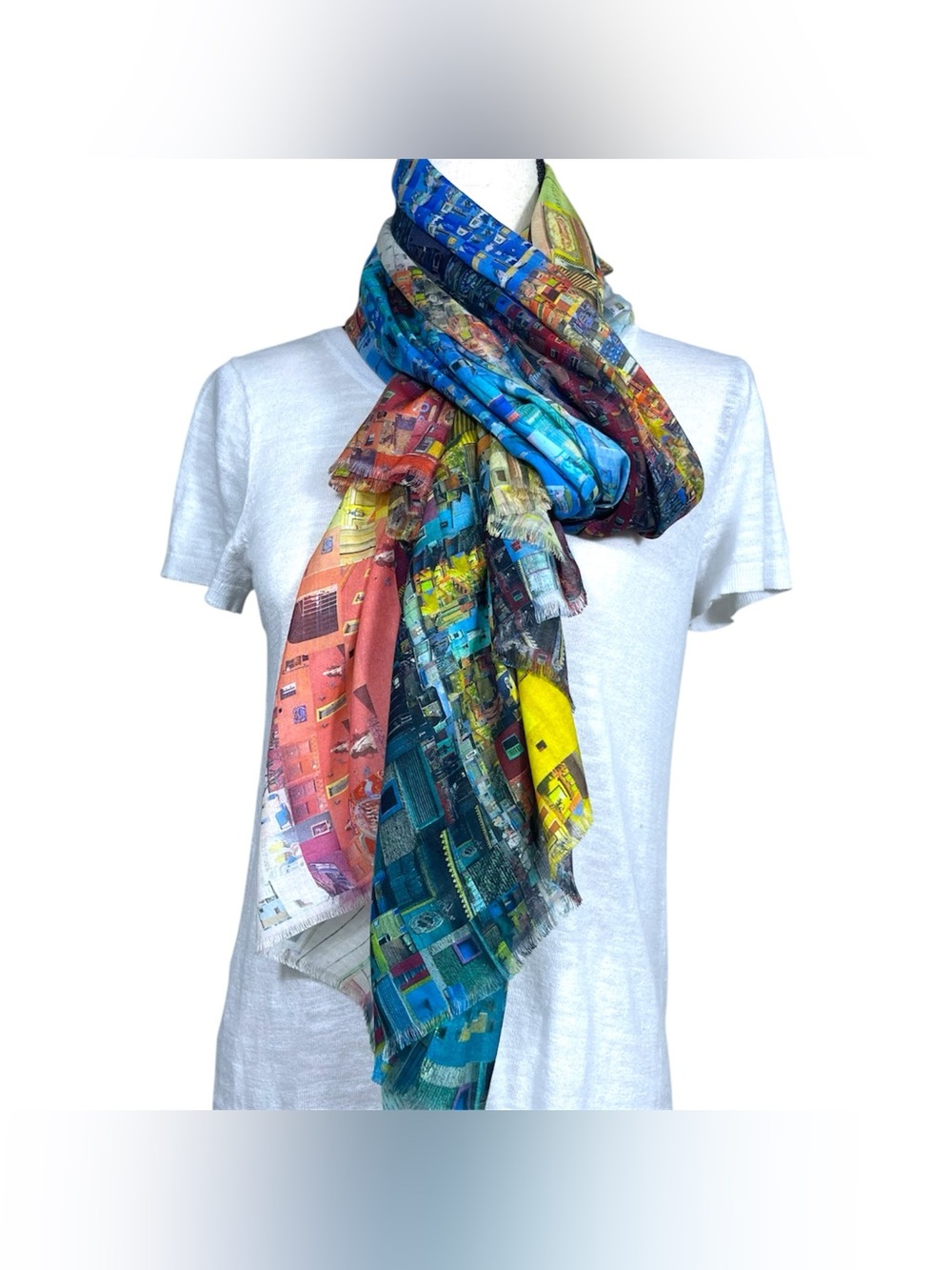 Tolani City Scape Scarf Wrap Colorful Cottonblend Boho Wearable Art “Caminito”